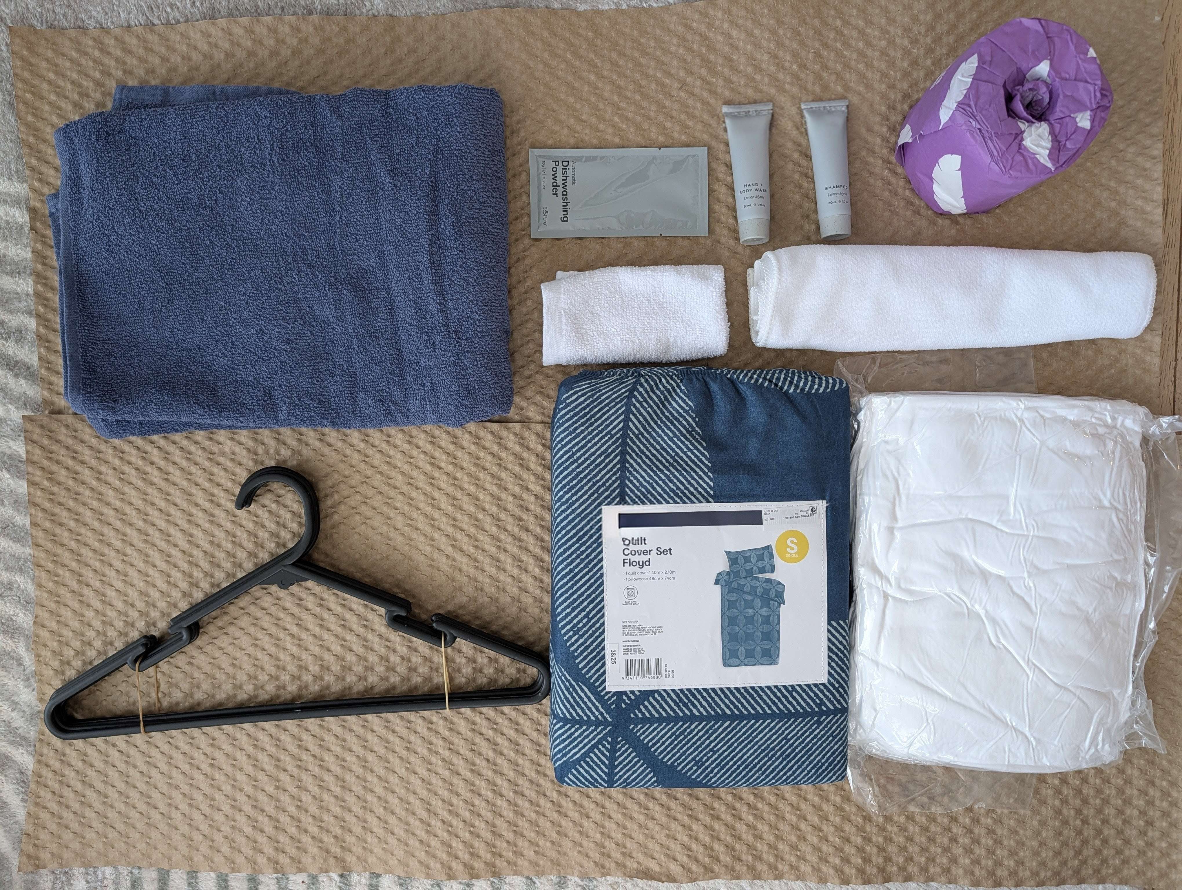 UniHome Kit essentials package with kitchen set, bedding, toiletries and dining set for international students